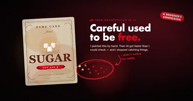 A hand-painted vintage 'Pure Cane Sugar' packet label beside the title 'Careful used to be free', with a scatter of pixelated red squares circled and the note 'I didn't notice. For weeks.'