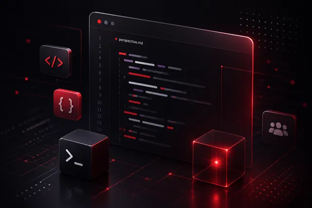 3D illustration of a code editor showing perspective.md, surrounded by icons for code, terminal, and collaboration, in One Eleven brand red on black