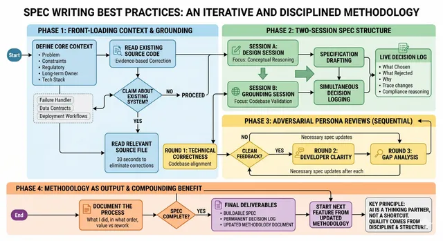 Flowchart titled "Spec writing best practices: an iterative and disciplined methodology" showing four phases from front-loading context through adversarial reviews to methodology as output