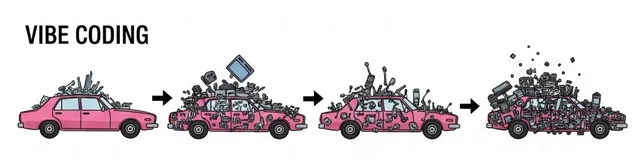 Cartoon strip of a pink car accumulating more and more junk bolted onto it in four stages, titled Vibe Coding
