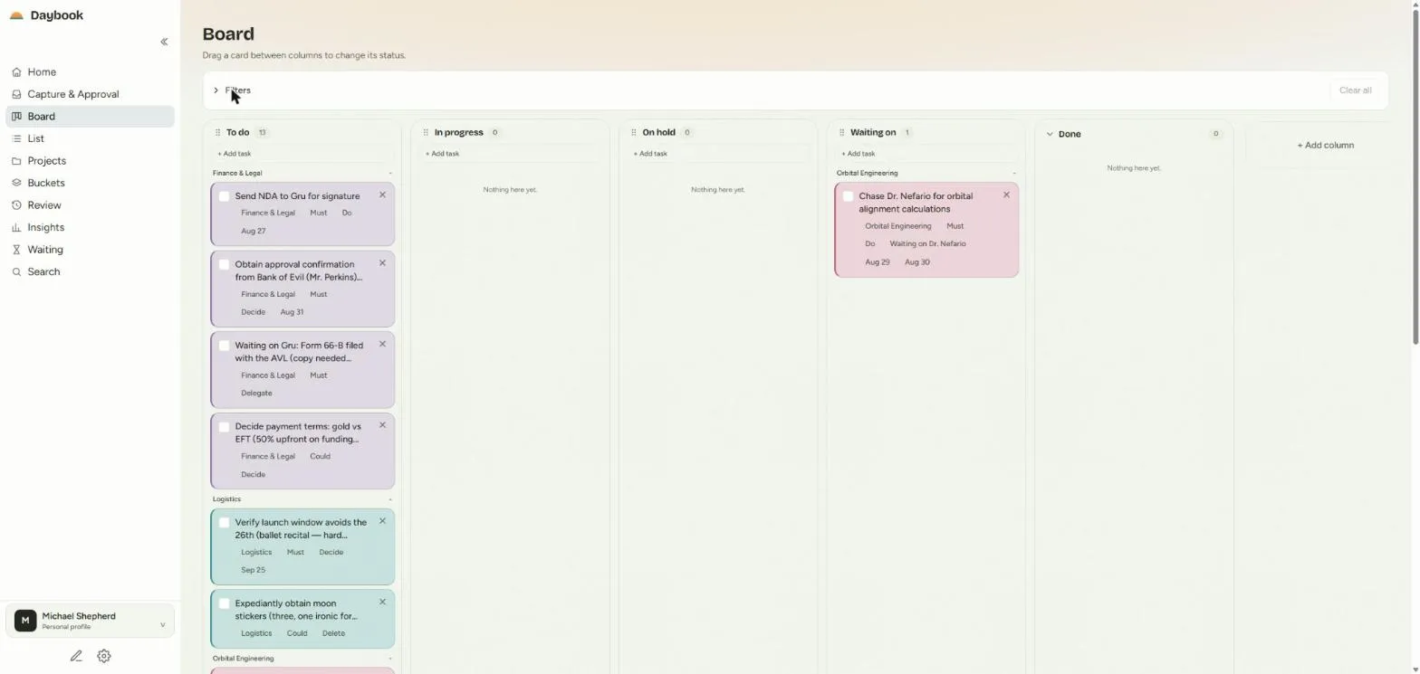 The Daybook board, with tasks grouped by category across To do, In progress, On hold, Waiting on and Done columns.