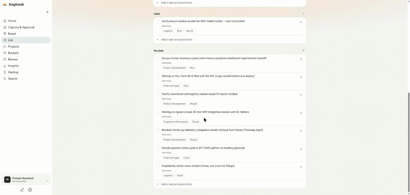 The Daybook list view, with tasks grouped by due date and tagged by category and priority.