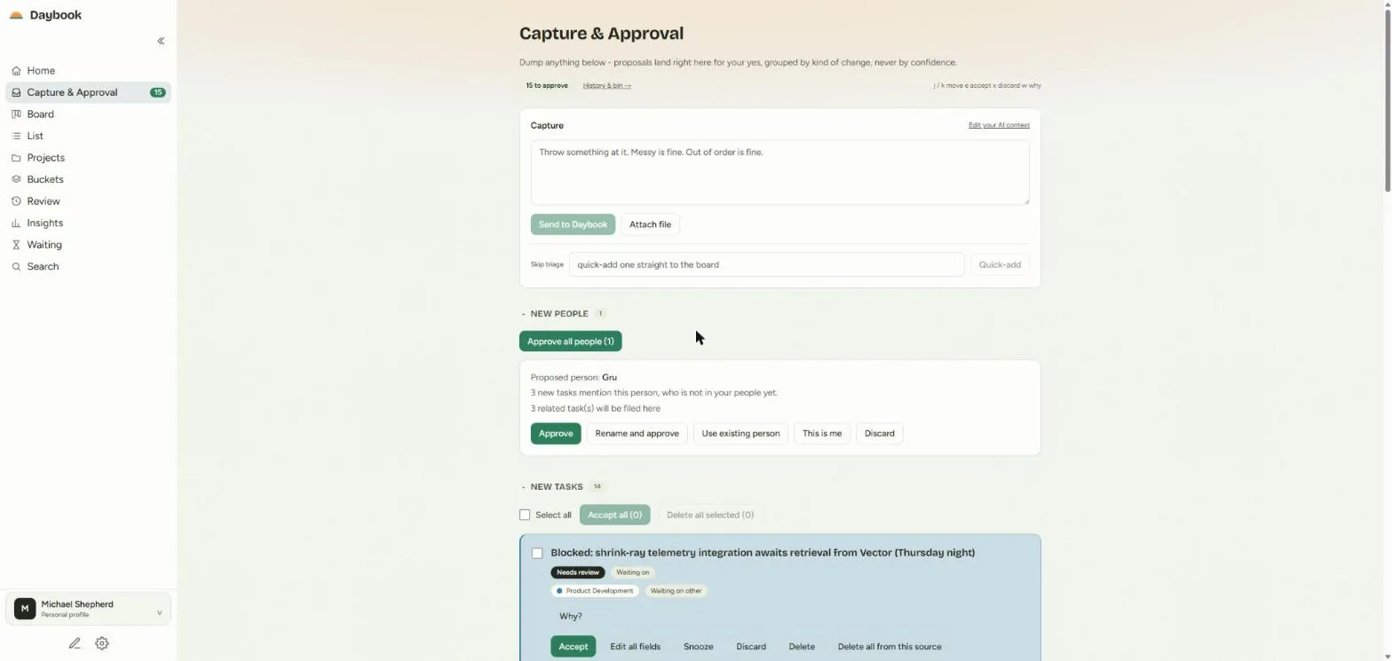 Daybook's Capture and Approval screen, showing a capture box and proposed tasks and people awaiting approval.