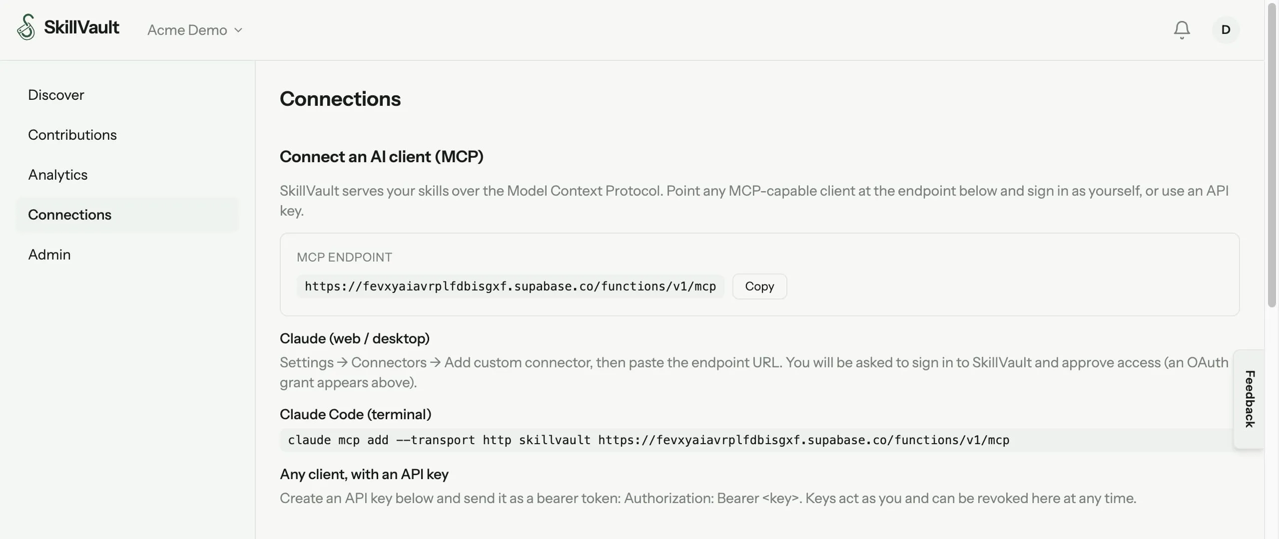 The SkillVault Connections screen, with the single MCP endpoint and setup steps for Claude, Claude Code and API keys.