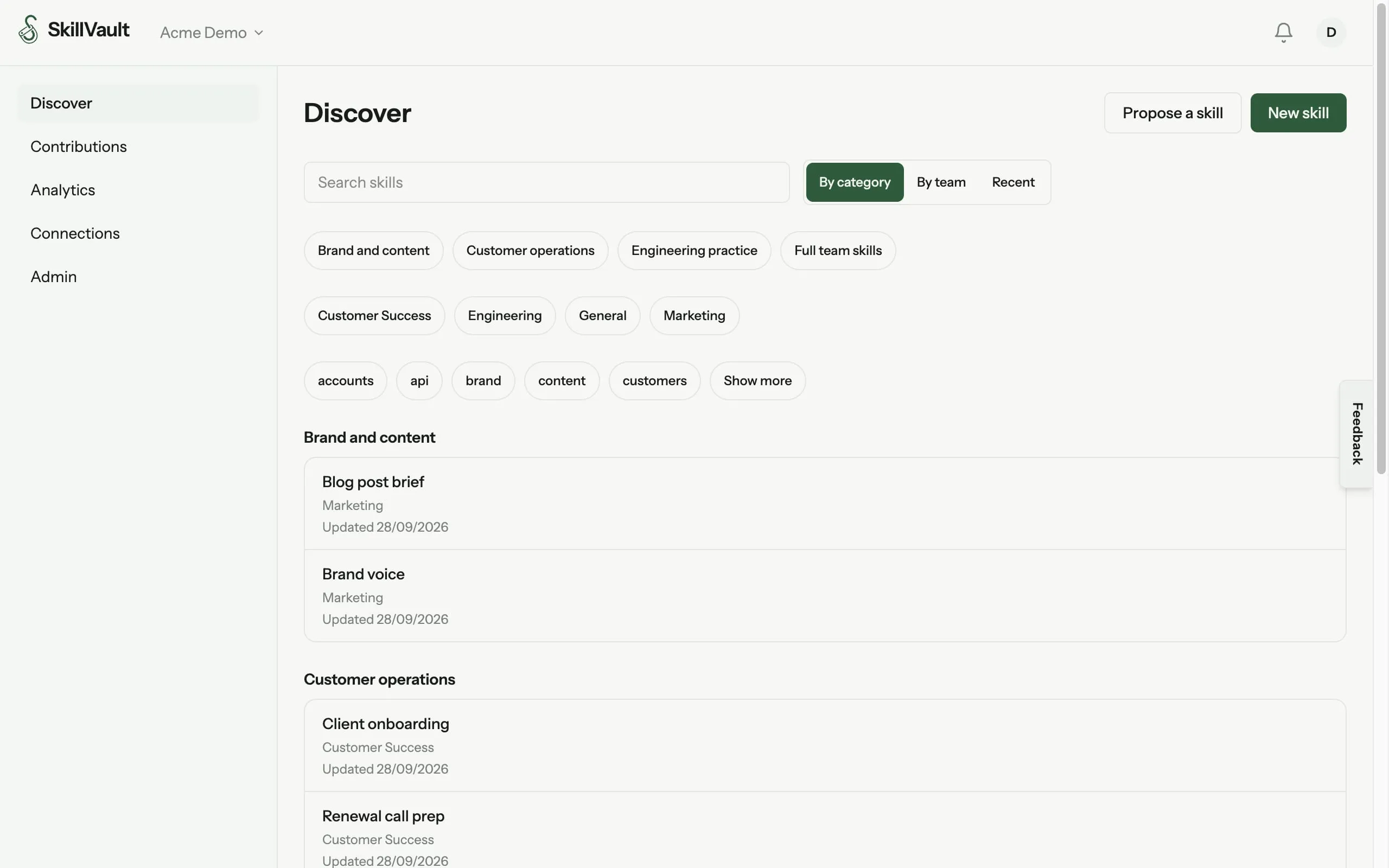 The SkillVault library, listing skills with their category, owning team and tags.