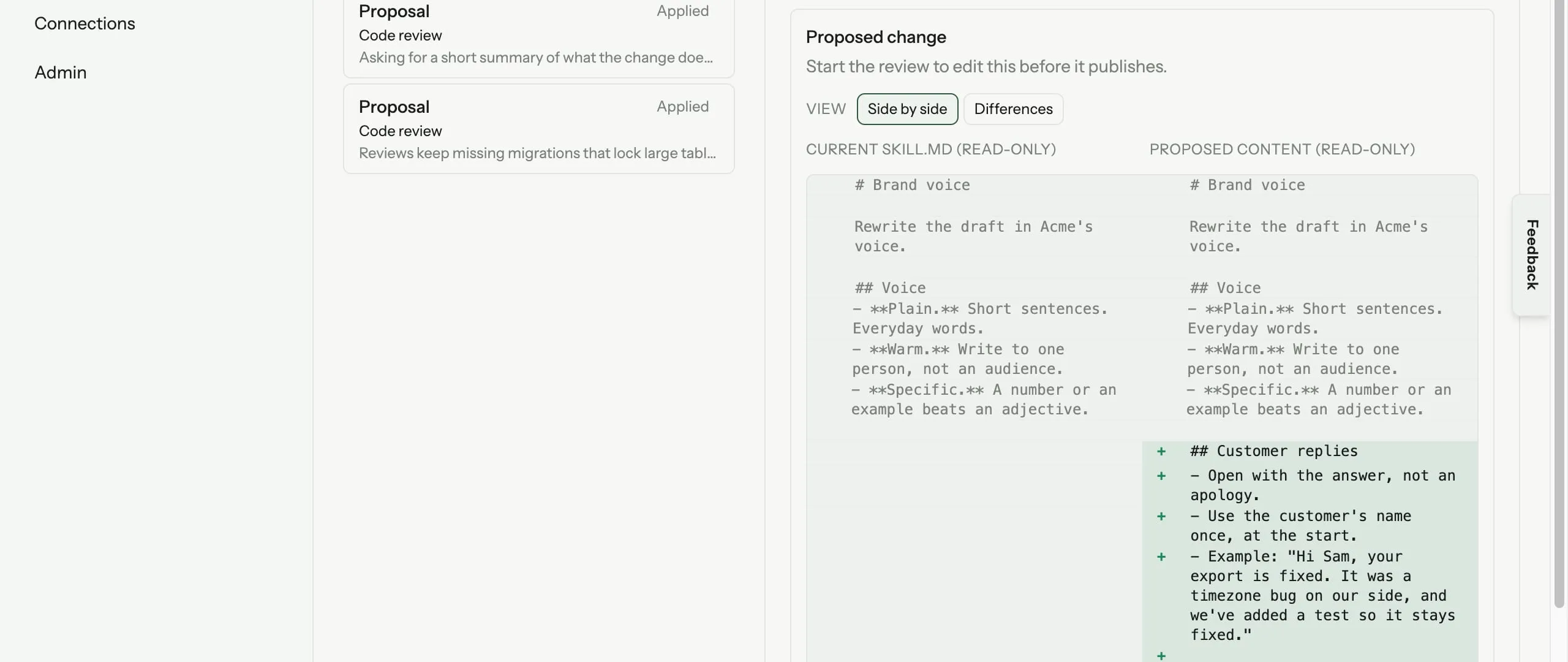 A SkillVault improvement proposal, showing the current skill and the proposed change side by side with the added lines highlighted.