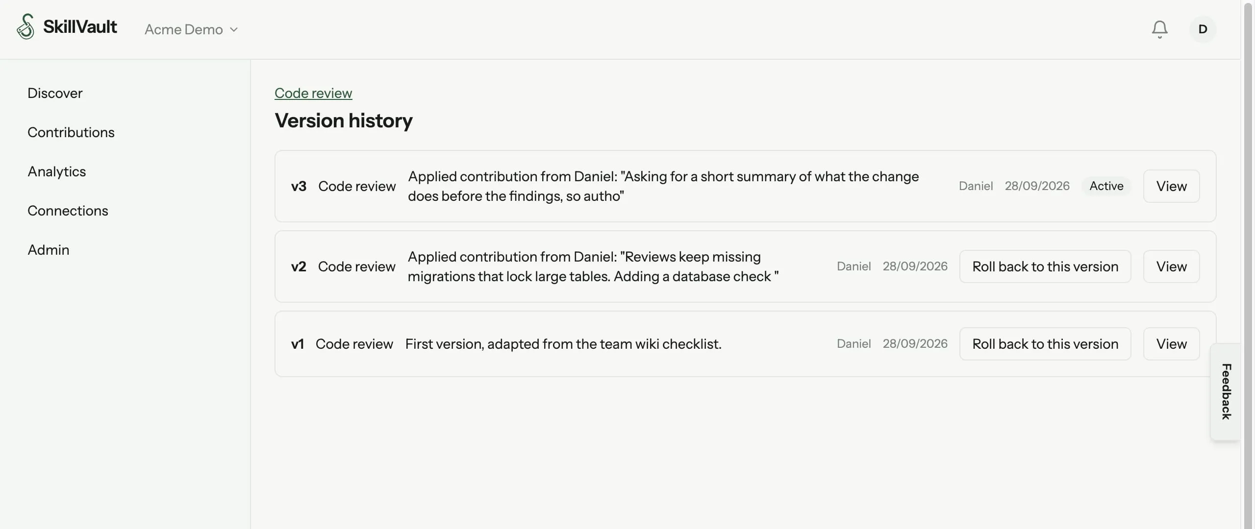 A SkillVault skill page showing its version history, with each saved version listed by author and date.
